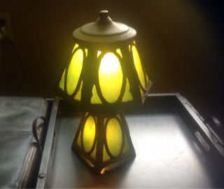 Early 1900 ' S Arts And Crafts Slag Glass Antique Lamp With Two Lights. photo