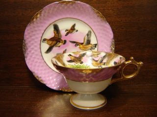 Vintage Cup & Saucer,  Flying Quail,  Pink & White Luster,  Royal Sealy,  Japan photo