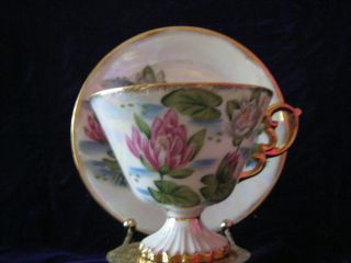 Waterlily July Gilded Edges Teacup & Saucer Handpainted photo
