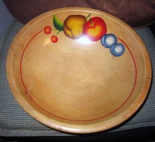 Antique Primitive Large Handpainted Fruit Wooden Footed Bowl photo