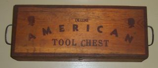 Vintage Wooden Deluxe American Tool Chest Filled With Various Small Tools photo