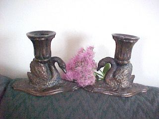 Charming Old Cast Metal Swan Water Lily Leaves Heavy Candlesticks Great Detail photo