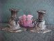 Charming Old Cast Metal Swan Water Lily Leaves Heavy Candlesticks Great Detail Metalware photo 1
