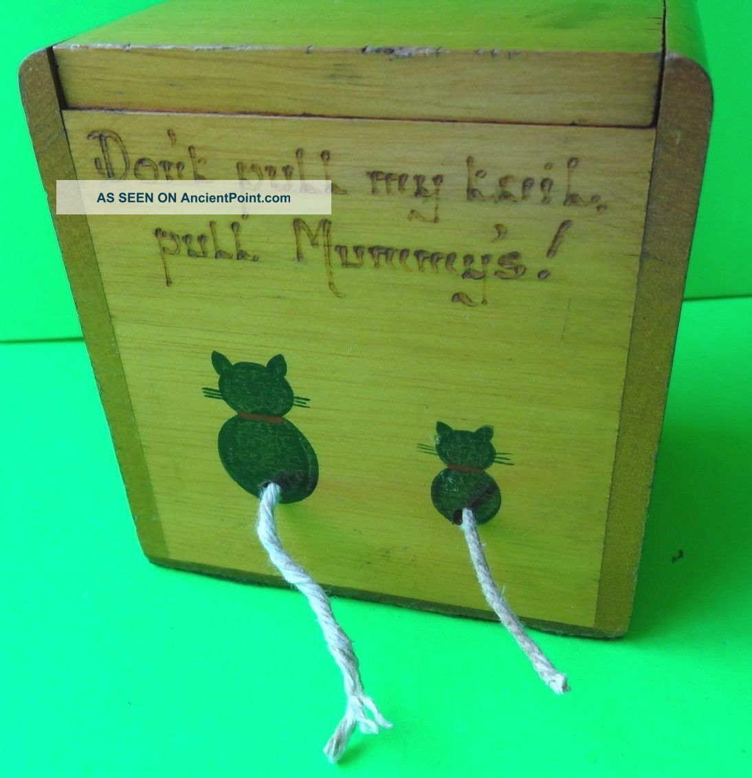 Vintage Wooden String Dispenser Box,  Cat,  Kitten Figures & Motto Boxes photo