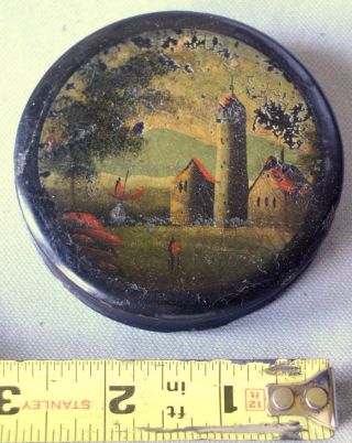 Antique Papier Mache Snuff Box 18th / 19th C Hand Painted Image Lighthouse Farm photo