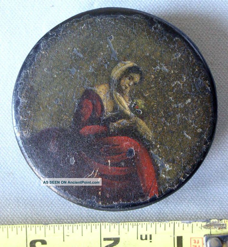 Antique Papier Mache Snuff Box 18th / 19th C Hand Painted Image Peasant Woman Nr Other photo
