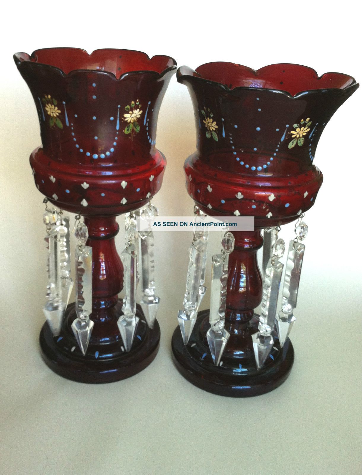 Antique Victorian Cranberry Red Bohemian Glass Mantle Luster W Prisms Candle Holders photo