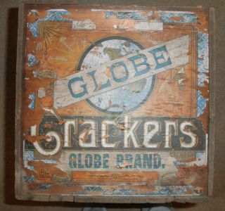 Antique Globe Cracker Box.  Wood With Paper Label& Hinged Lid 23 