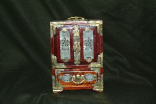Vtg Southeast Asian Chinese Shanghai Jewelry Box Jade Brass Nr photo