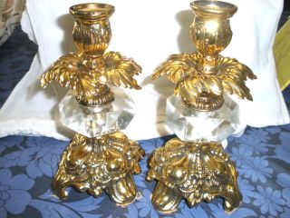 Baroque Candlesticks Gold Plate With Cut Glass Center 1 Pair photo