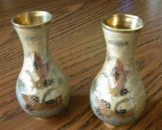 2 Vintage Small Brass Vases Enameled,  With Exotic Birds,  India photo