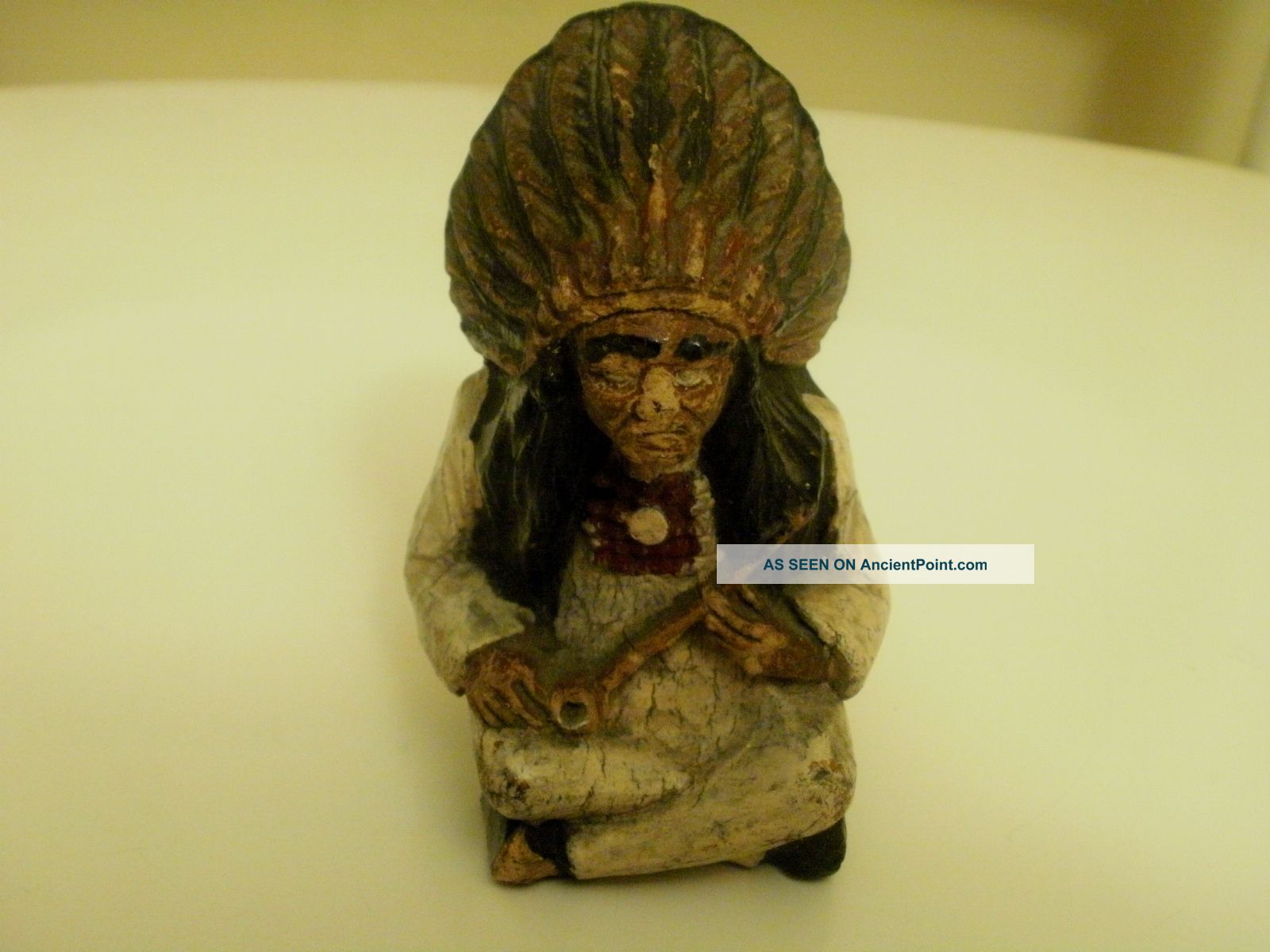 Vtg Antique Carved Indian Chief Peace Pipe Small Figurine Unknow Maker? Shop Carved Figures photo