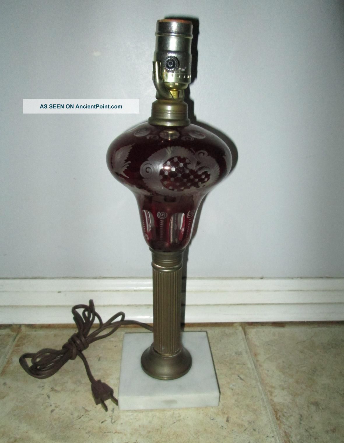 Lovely Cut - To - Clear Cranberry Glass Lamp With Marble Base,  Brass Upright Lamps photo