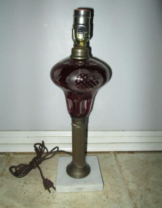 Lovely Cut - To - Clear Cranberry Glass Lamp With Marble Base,  Brass Upright photo