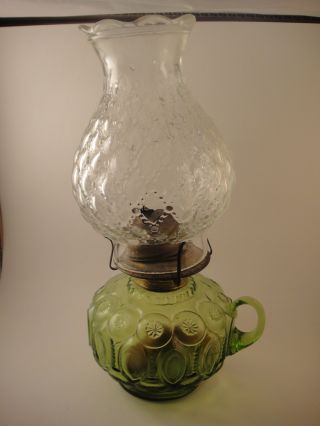 Vintage Green Oil Lamp,  Moon And Stars Design,  Possibly Fenton photo