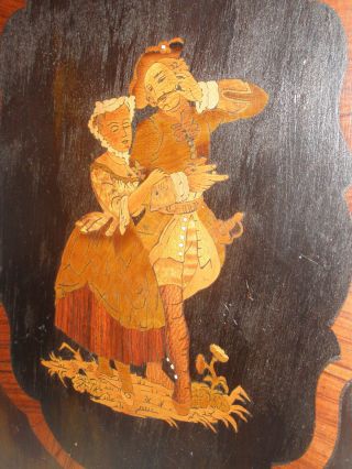 Antique Marquetry Inlay Wood Europe Folk Art Couple Soldier Sword Scene Plaque photo