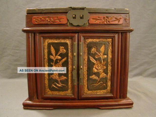 Antique Victorian Era Oriental Wood Carved Dresser Jewelry Chest Box & Mirror Boxes photo
