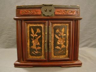 Antique Victorian Era Oriental Wood Carved Dresser Jewelry Chest Box & Mirror photo