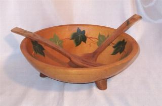 Munising Wood Bowl Large Marked Hand Painted Munising Wood Bowl With Feet photo