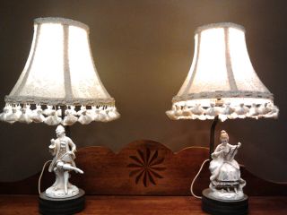 Vintage Pair Of Figurine Lamps With Custom Fabric Shades photo