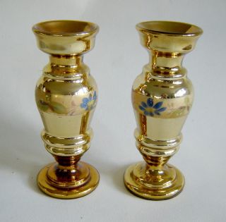 19thc Antique Vintage Pair Mercury Glass Vases/candlesticks Gold Hand Painted photo