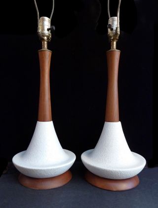 Pr Mid Century Danish Modern Ceramic Teak Lamps Textured photo