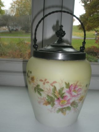 Antique Biscuit Jar Yellow W/ Pink Flowers Hand - Painted Metal Lid & Handle photo