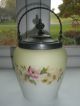 Antique Biscuit Jar Yellow W/ Pink Flowers Hand - Painted Metal Lid & Handle Jars photo 1