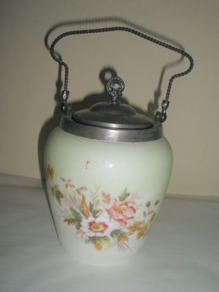 Antique Biscuit Jar Yellow W/ Pink Flowers Hand - Painted Metal Lid & Handle 2/2 photo