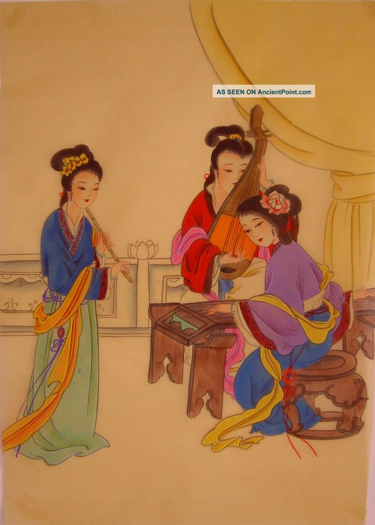 Chinese Painting Silk Watercolor Orignial Art Female Play Music New Other photo