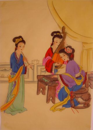Chinese Painting Silk Watercolor Orignial Art Female Play Music New photo