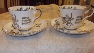 1 Pair Of Royal Stafford Cup And Saucers Bone Chine Silver Wedding Anniversary photo
