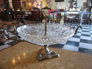 Antique Late 19th Early 20th Cent French Centerpiece Compote Silver Plated Glass photo