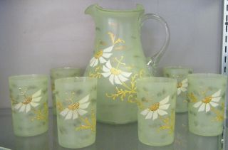 Victorian Decorated Green Blown Glass Pitcher With Matching Glasses photo