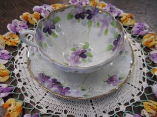 Delicate Hand Painted Porcelain Cup And Saucer Violets Pink Flower On Outside photo