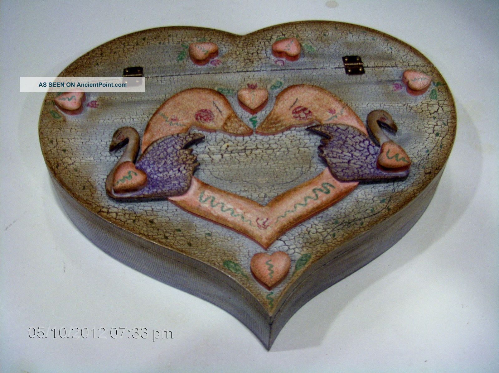 Unusual Large Wood Heart Box W Carved Swans - Antiqued W Hinged Lid - Boxes photo