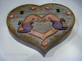 Unusual Large Wood Heart Box W Carved Swans - Antiqued W Hinged Lid - photo