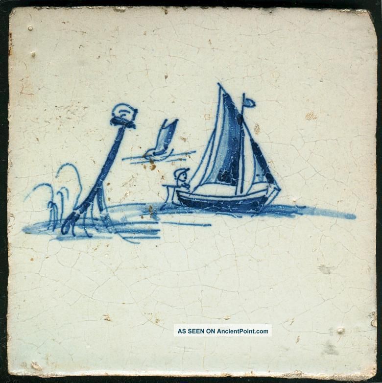 Antique Delft Tile With Sailing Boat With Man,  17th Century. Other photo