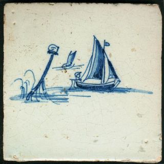 Antique Delft Tile With Sailing Boat With Man,  17th Century. photo