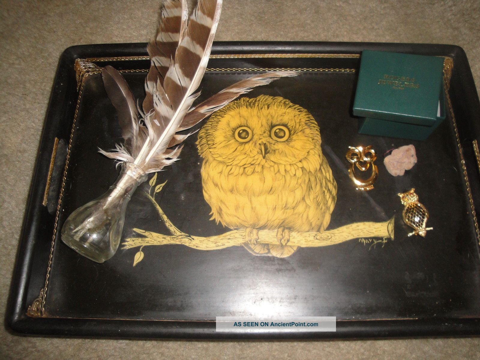 Antique Vintage Serving Tray Real Owl Feathers & 3 Owl Brooches Trays photo