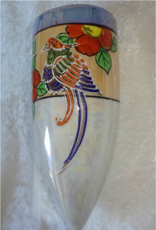 Antique Bird/floral Wall Pocket Japan 1920 - 1930 Hand Painted Raised Enamel Vase photo