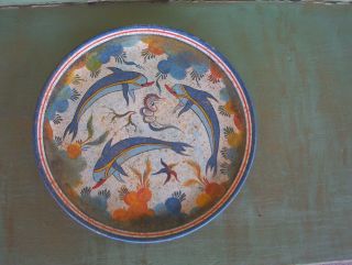 Vintage Krete Greece Art Charger Hand Painted & Made Pottery Dolphins photo