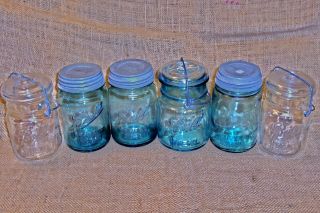 6 Old Canning Jars Ball Mason Primitive Antique Country Farm Green Bubble Glass photo
