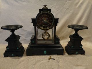 Rare Antique French Guilmet Garniture Clock Set Of 3,  Circa 1890. photo