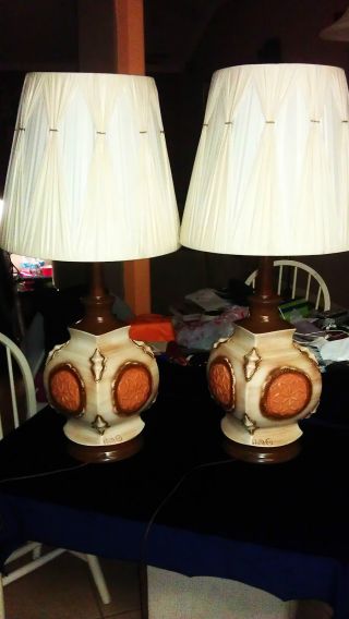 Set Of Two 50 ' S Ceramic Kron Lamp Tan & Orange With Shades Mint Condition photo