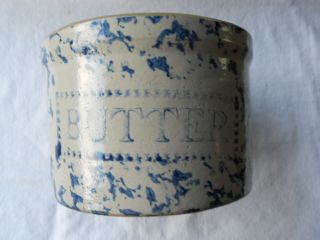 Antique / Vintage Stoneware Butter Crock W/ Cobalt Blue Sponging photo
