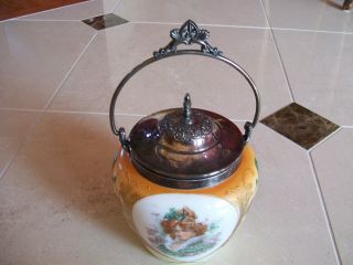 Antique Porcelain Victorian Biscuit Jar,  Hand Painted Portrait. photo