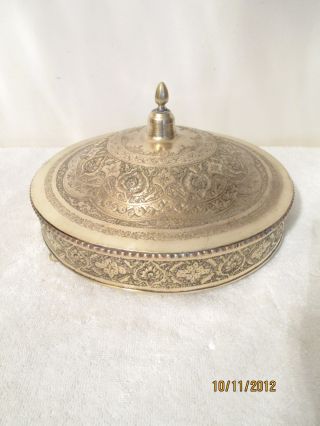 Antique Vtg Brass Ornate Engraved Bowl Container Tortilla Holder Moroccan India photo