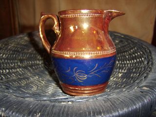 Vtg Copper Luster Ware Creamer,  Jug,  Deep Blue,  Hand Decorated,  Good Condition photo