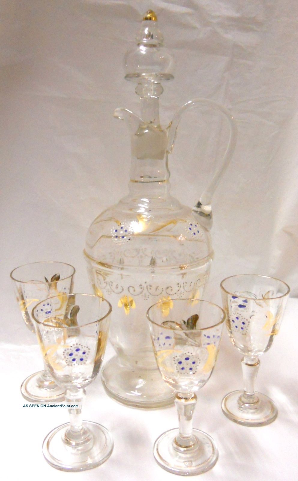 Antique Bohemian Moser Crystal Art Glass Gilt & Enamel Decanter & 4 Glasses Decanters photo